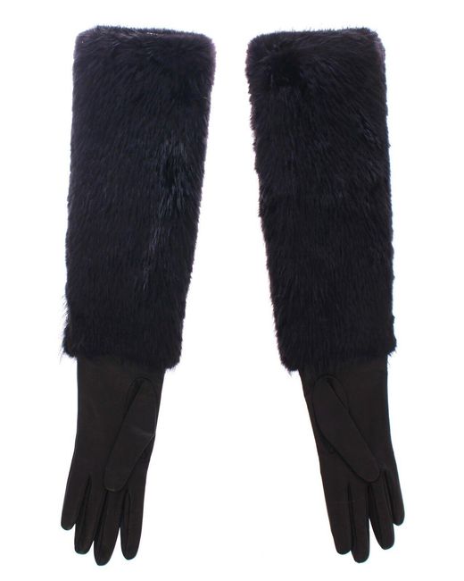 Dolce & Gabbana Black Beaver Fur Lambskin Leather Elbow Gloves