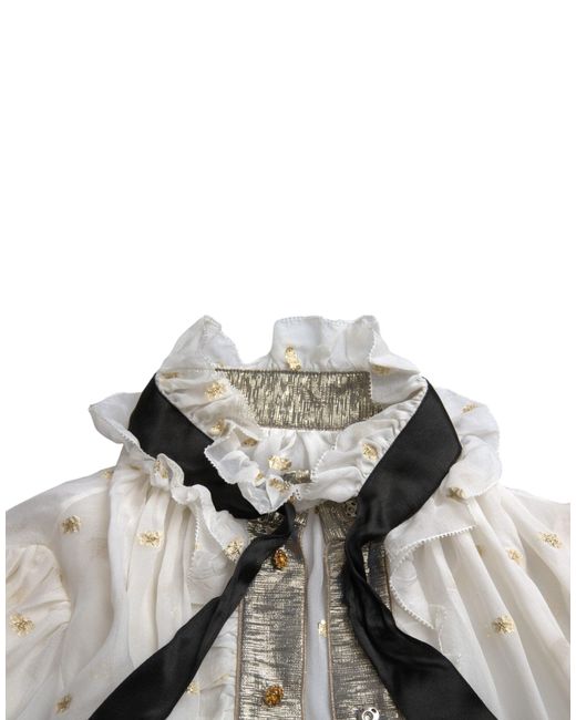 Dolce & Gabbana Gray Off White Silk Blend Ascot Collar Blouse Top