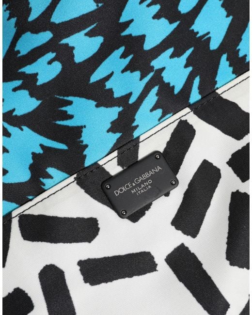 Dolce & Gabbana Blue Multicolor Printed Nylon Logo Plaque Men Clutch Pouch Bag