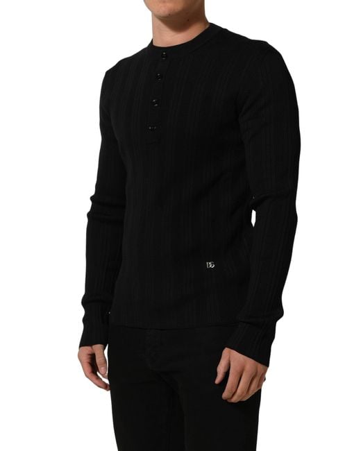Dolce & Gabbana Black Silk Blend Henley Pullover Men Sweater for men