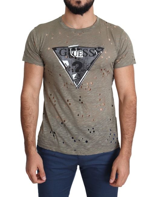 Guess Gray Cotton Stretch Logo Print Casual Perforated T-Shirt for men