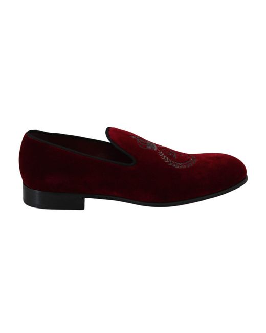 Dolce & Gabbana Red Dolce Gabbana Velvet Crown Embroide Loafers Shoes for men