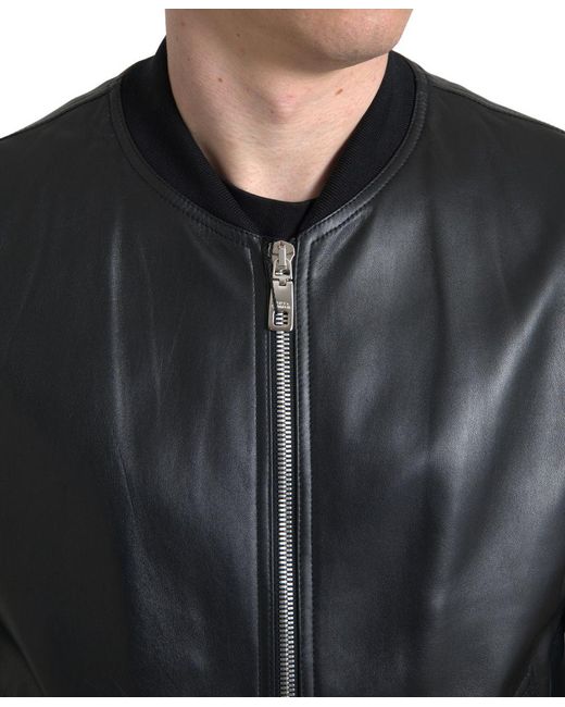 Dolce & Gabbana Black Leather Full Zip Bomberjacket for men