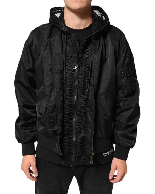 Dolce & Gabbana Black Nylon Hooded Full Zip Bomber Men Jacket for men