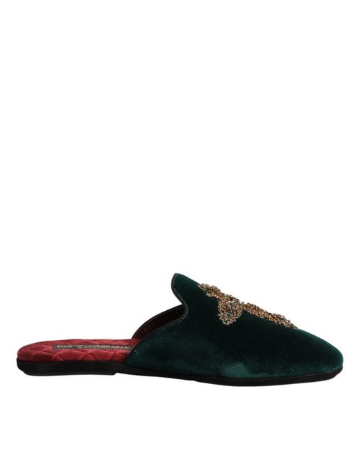 Dolce & Gabbana Black Green Velvet Cross Embellished Slippers Shoes for men