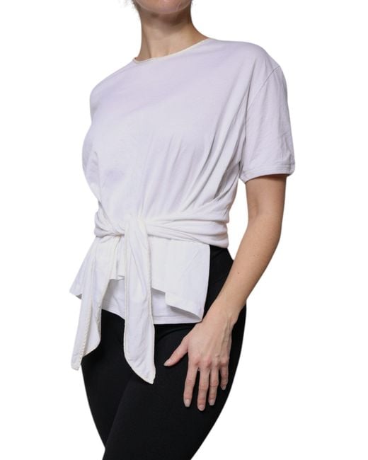 Dolce & Gabbana White Cotton Silk Round Neck Wrap Blouse Top
