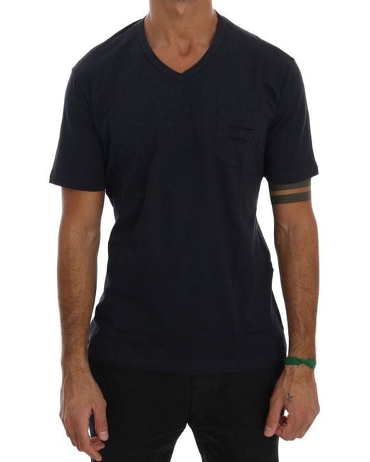 Daniele Alessandrini Black Cotton V-neck T-shirt Blue Tsh1321 for men