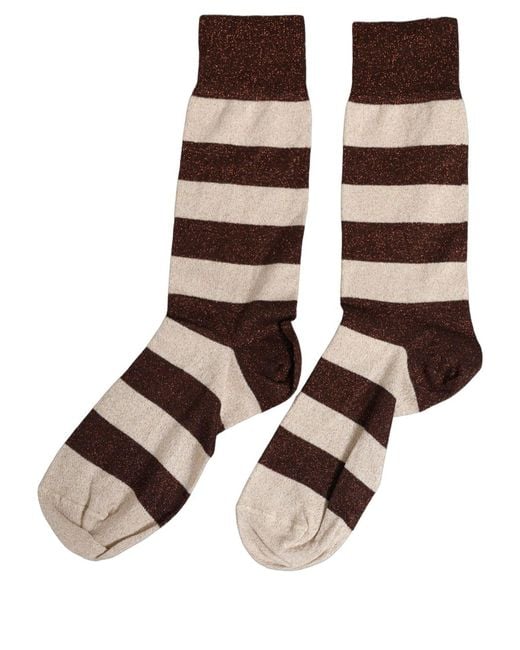 Dolce & Gabbana Brown Beige Stripes Mid Calf Accessory Socks
