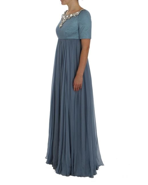 Dolce & Gabbana Blue Silk Crystal Sheath Gown Ball Dress