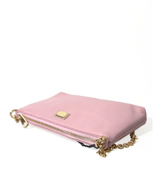 Dolce & Gabbana Pink Elegant Leather Pouch Clutch With Floral Embroidery