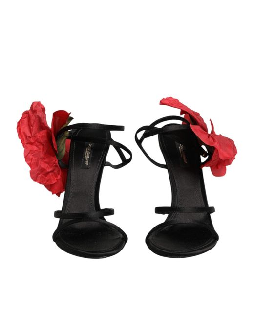 Dolce & Gabbana White Black Leather Strappy Flower Heels Sandals Shoes