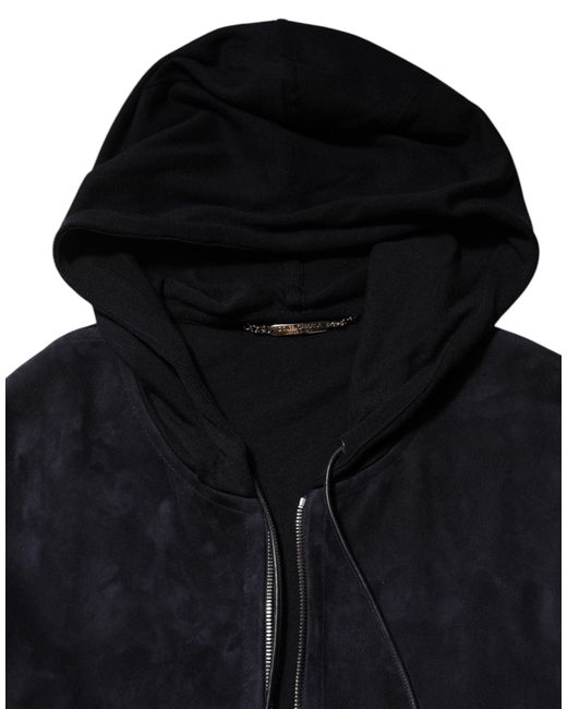 Dolce & Gabbana Black Leather Full Zip Hooded Blouson Jacket for men