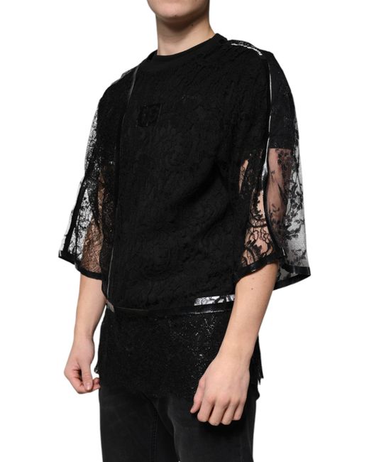 Dolce & Gabbana Black Nylon Floral Lace Crew Neck T-Shirt for men