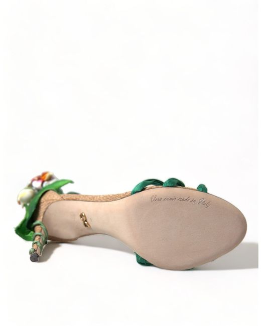 Dolce & Gabbana Green Flower Satin Heels Sandals Shoes