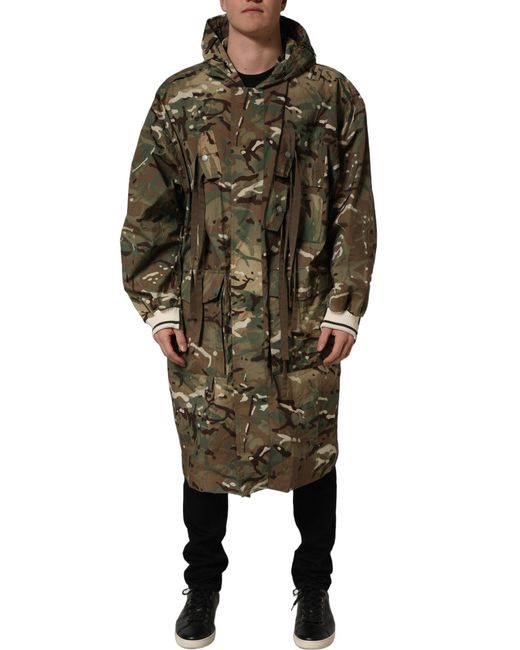 Dolce & Gabbana Green Multicolor Camouflage Hooded Coat Jacket for men