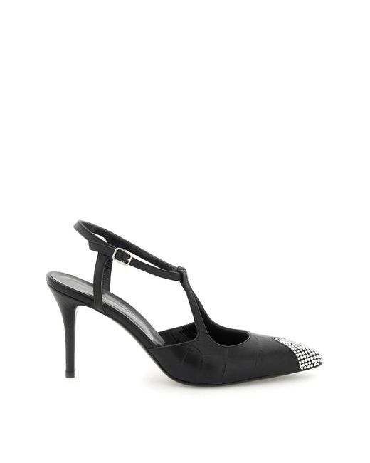 Alessandra Rich Black Leather Slingback Pumps With Crystal Point