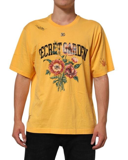 Dolce & Gabbana Yellow Secret Graden Floral Cotton Crewneck T-Shirt for men