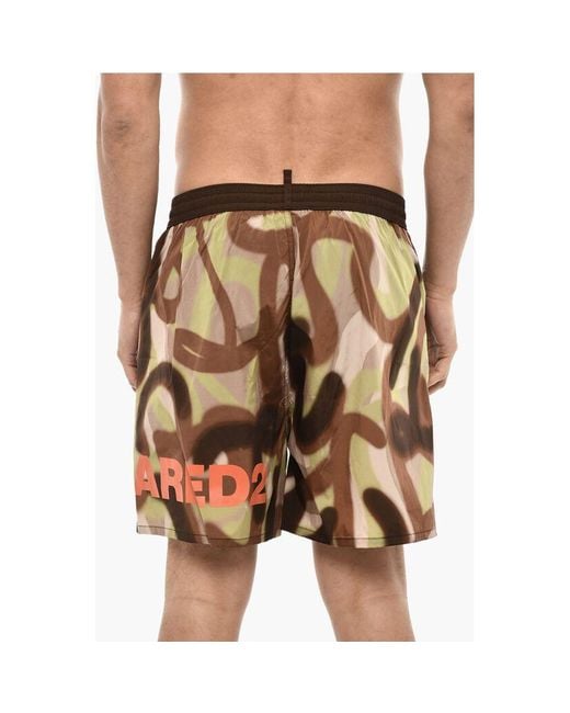 DSquared² Brown Logoed Swim Short With Spray Paint Motif for men