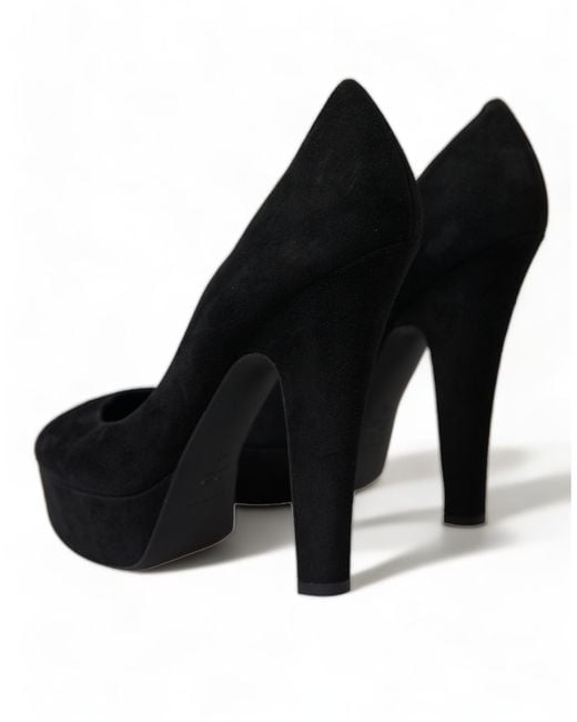 Dolce & Gabbana Black Suede Leather Platform Heel Pumps Shoes