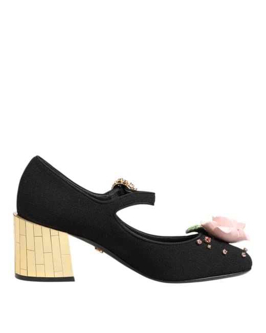 Dolce & Gabbana Black Flower Crystal Embellished Mary Jane Shoes