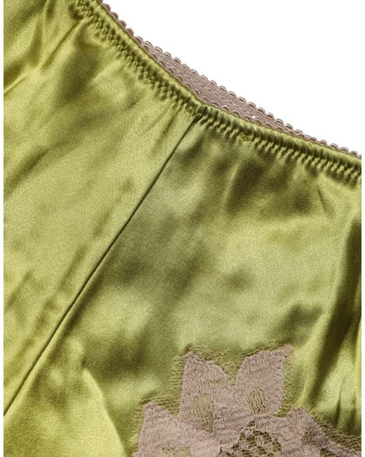 Dolce & Gabbana Natural Underwear Green Silk Satin Floral Lace Panty Brief