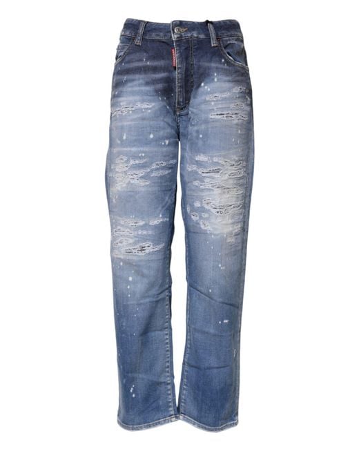 DSquared² Blue Tattered Cotton Mid Waist Straight Denim Jeans for men