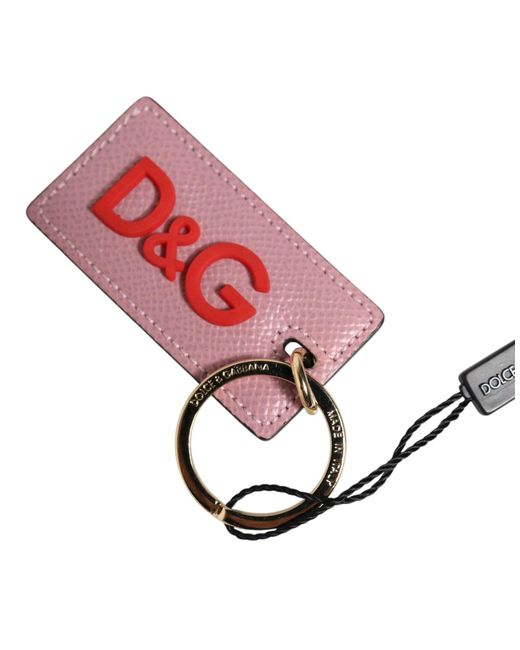 Dolce & Gabbana Pink Calf Leather Logo Metal Ring Men Keychain Keyring