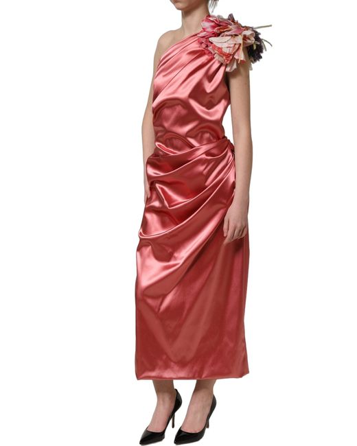 Dolce & Gabbana Red Draped Midi Flower Appliques Dress Acetate Nylon Elastane