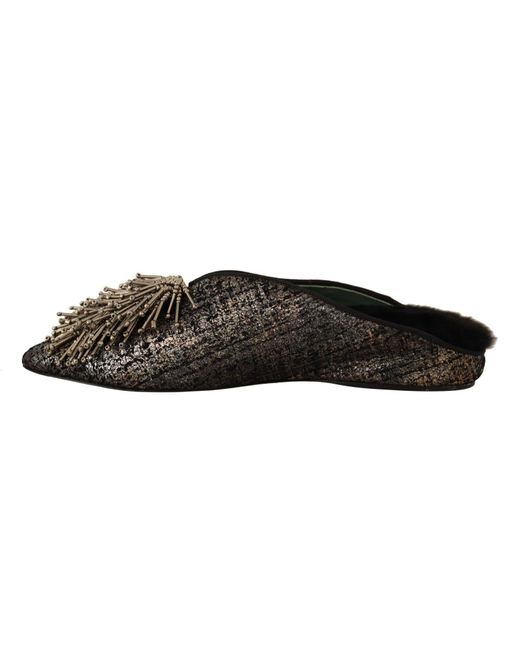 Paola D'arcano Black Gold Jacquard Leather Embellished Slip On Shoes