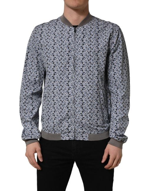 Dolce & Gabbana Gray Light Blue Cotton Car Print Bomber Jacket for men