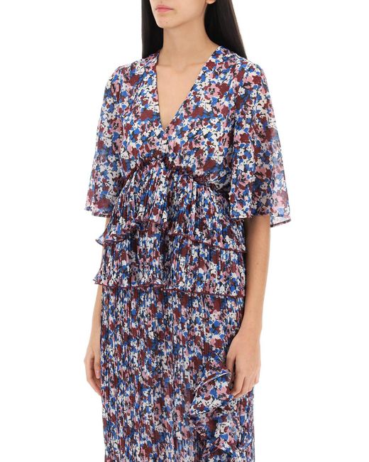 Ganni Blue Pleated Blouse With Floral Motif