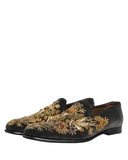 Dolce & Gabbana Black Velvet Embellished Dress Loafers Shoes for men