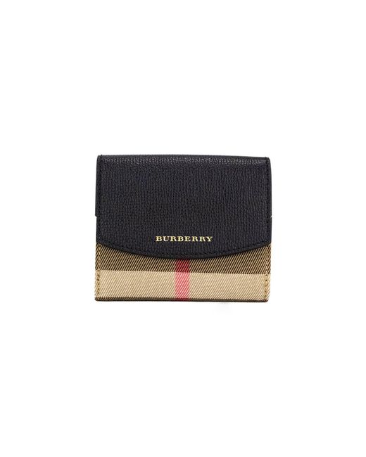 Burberry Black Luna Grained Leather House Check Canvas Coin Pouch Snap Wallet