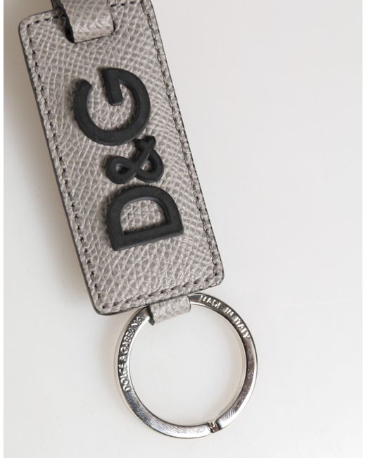 Dolce & Gabbana White Gray Leather Logo Metal Ring Keychain Holder Men Keyring for men