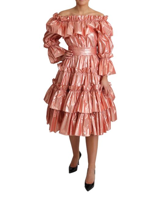 Dolce & Gabbana Red Ruffled Silk Cotton Gown Dress