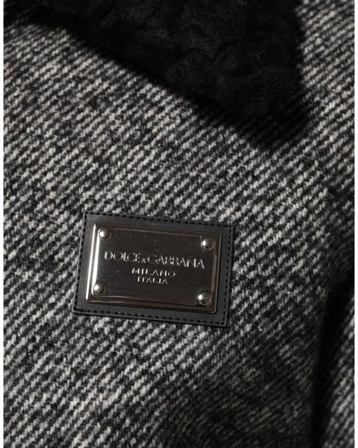Dolce & Gabbana Gray Wool Herringbone Shearling Collar Bomber Jacket for men