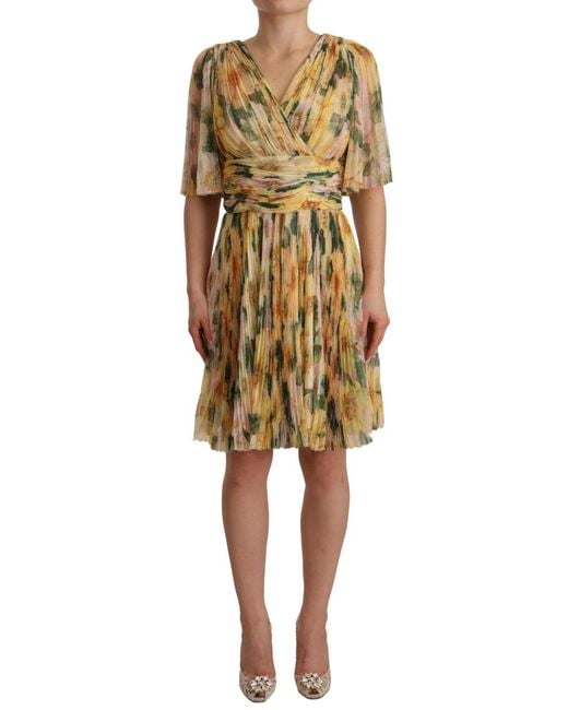 Dolce & Gabbana Multicolor Yellow Floral Print Pleated Maxi Dress