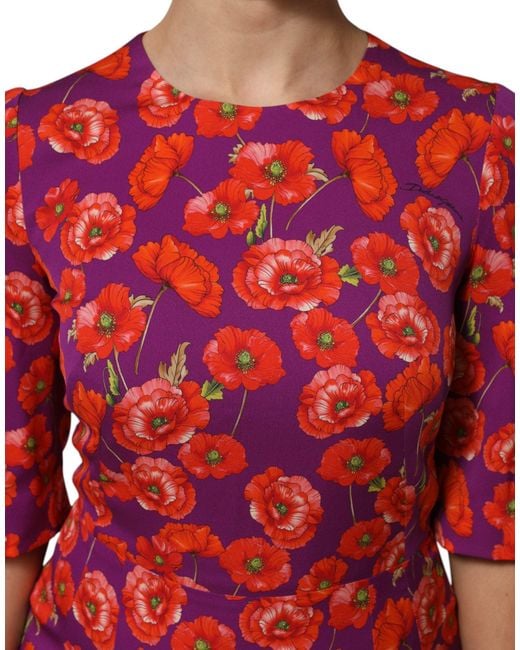 Dolce & Gabbana Red Silk Floral Print Midi Sheath Dress