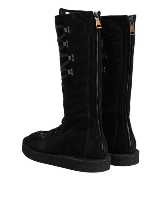 Dolce & Gabbana Black Alpaca Wool Suede Mid Calf Boots Shoes for men