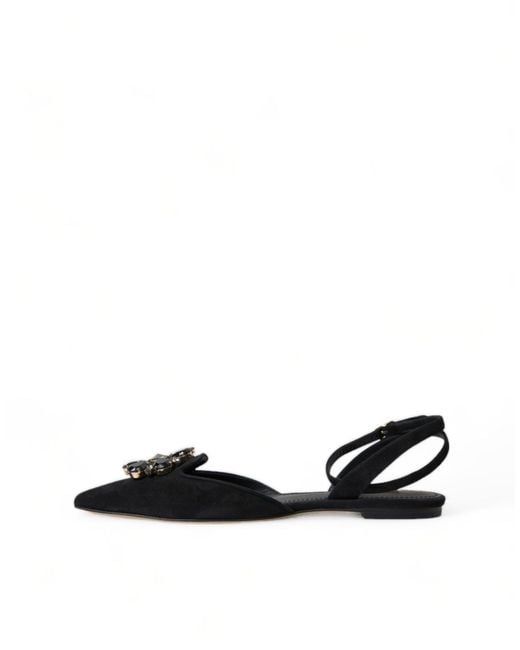 Dolce & Gabbana Black Leather Crystal Slingback Flats Shoes
