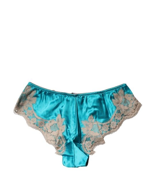 Dolce & Gabbana Blue Silk Satin Floral Lace Panty Brief Underwear