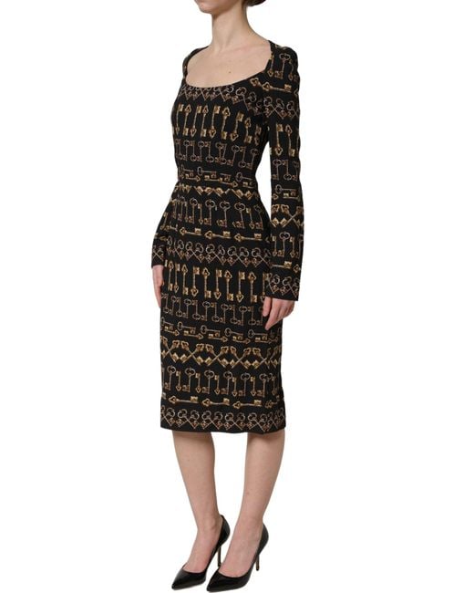 Dolce & Gabbana Black Key Print Long Sleeves Sheath Midi Dress