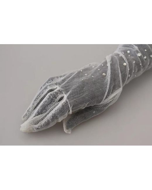 Dolce & Gabbana Gray White Crystal Elbow Length Cotton Tulle Gloves