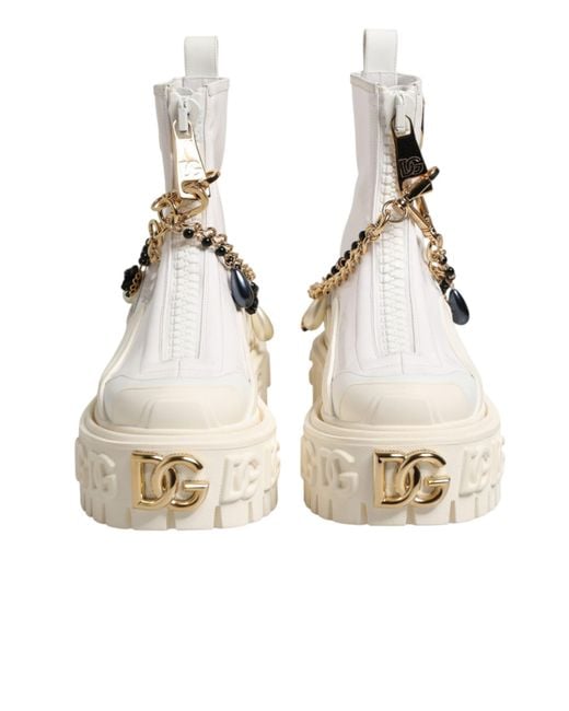 Dolce & Gabbana Natural White Leather Rubber Logo Ankle Boots Shoes