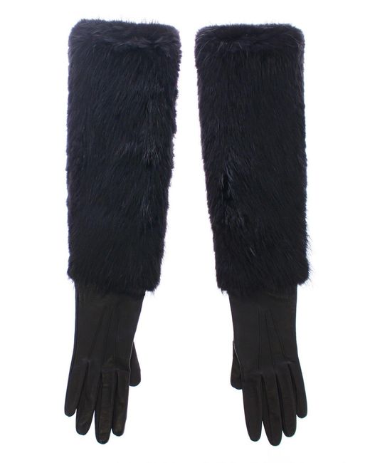 Dolce & Gabbana Black Beaver Fur Lambskin Leather Elbow Gloves