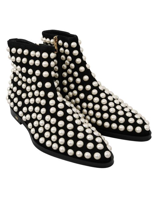 Dolce & Gabbana Black Suede Pearl Studs Boots Shoes