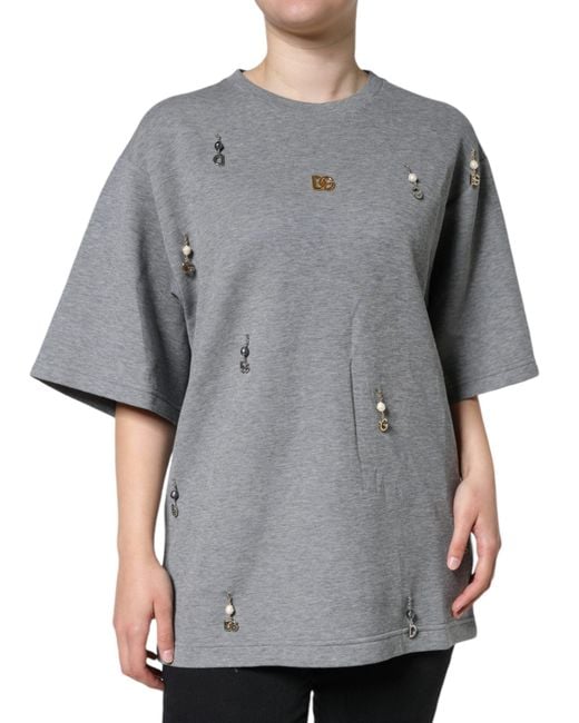Dolce & Gabbana Gray Cotton Blend Embellished Tee T-Shirt