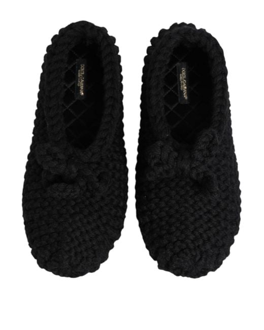 Dolce & Gabbana Black Knit Bow Flat Slippers
