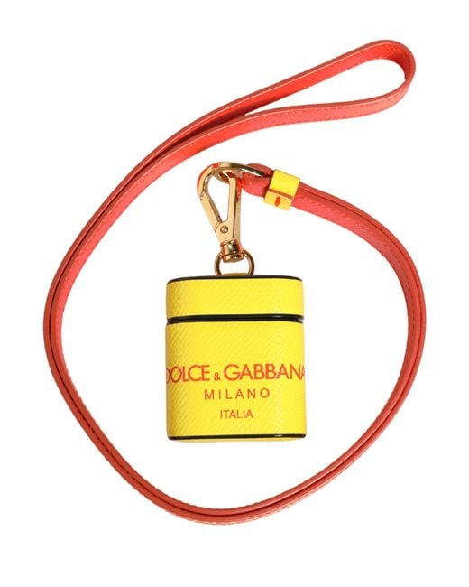 Dolce & Gabbana White Yellow Calf Leather Logo Flip Holder Strap Airpods Case