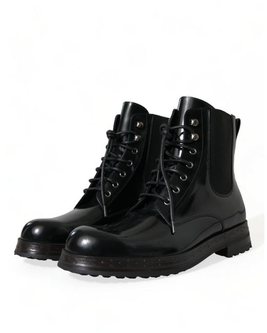 Dolce & Gabbana Black Leather Lace Up Mid Calf Boots Shoes for men